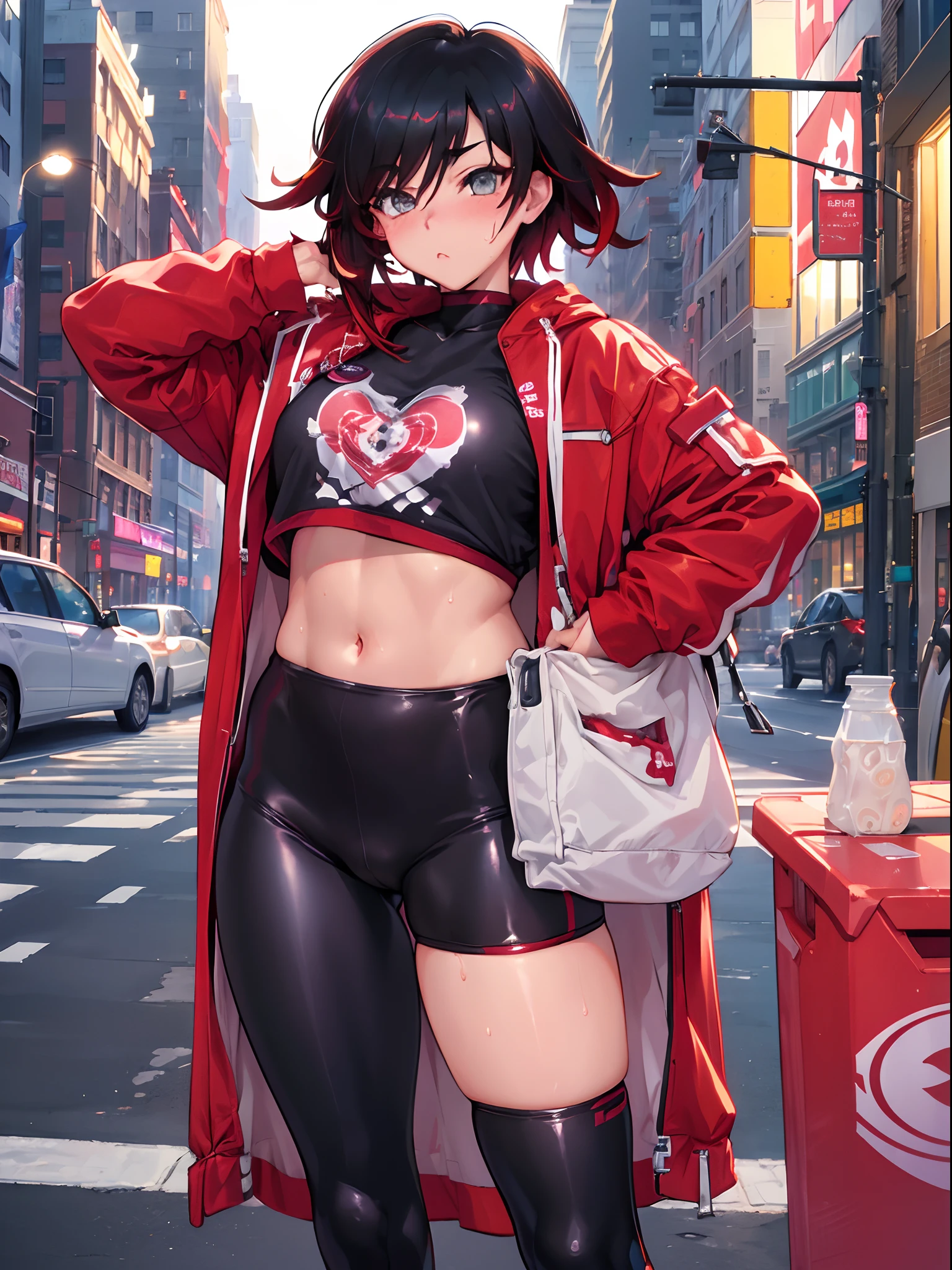 (tmasterpiece, beste-Qualit:1.2), Cowboy shot, solo, a 1girl, Ruby Rose, gaze at the viewer, Sporty top, little chest, leggings, the sweat, erotica, wide thighs, blushful, the night, urban landscape, Street, sexypose, stands, gyaru