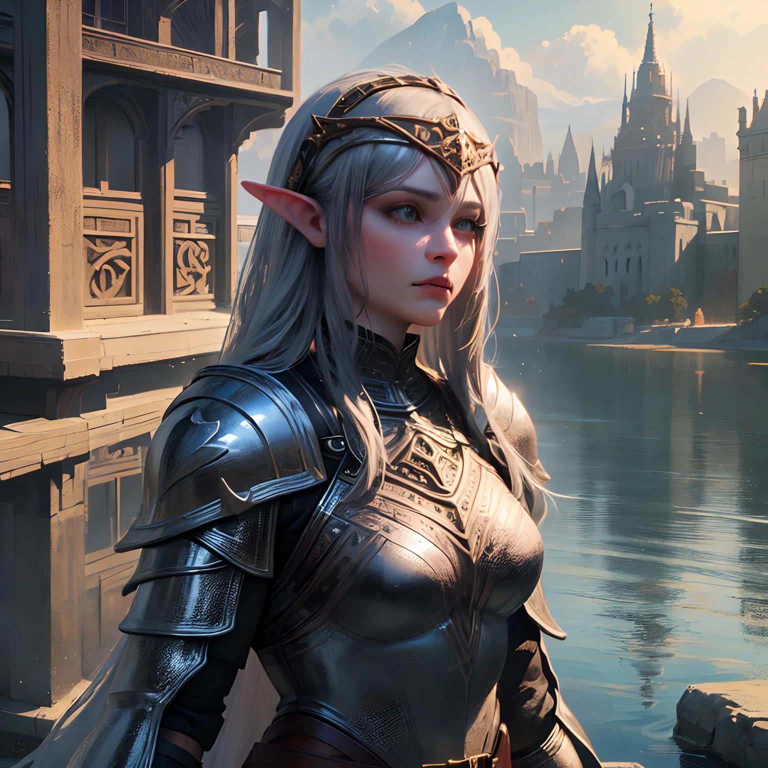 arafed, high details, best quality, 8k, [ultra detailed], masterpiece, best quality, (extremely detailed), dynamic angle, ultra wide shot, RAW, photorealistic, fantasy art, d&d art, a wide angle picture of a half elf cleric in  a temple near the lake, female, half elf (Masterpiece 1.5, intense details), black haired, green eyes, braided hair, long hair (Masterpiece, intense details), [small pointed ears], cleric, templar (1.3 Masterpiece, intense details dnd art), ultra detailed face, casting a spell (1.4 Masterpiece, intense details dnd art), wearing white plate mail armor with sigils ( 1.5 Masterpiece, intense details) GlowingRunes_paleblue, carrying flaming sword (Masterpiece 1.5, intense details), wearing white cloak with sigils (Masterpiece 1.4, intense details), holy symbol, standing near a lake (Masterpiece 1.5, intense details), dawn light, backlight, dynamic angle, reflection (1.5 Masterpiece, intense details) glowing light, high details , ray tracing, reflection light, silhouette, wide shot, panorama, Ultra-Wide Angle, high detail, award winning, best quality, HD, 8K, 3D rendering, high details, best quality, highres, ultra wide angle, 3D rendering, [[anatomically correct]]