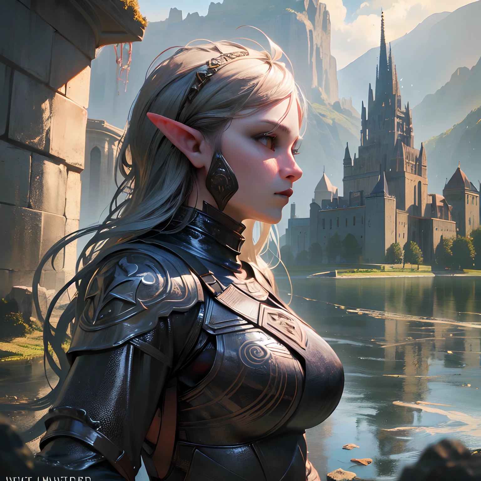 arafed, high details, best quality, 8k, [ultra detailed], masterpiece, best quality, (extremely detailed), dynamic angle, ultra wide shot, RAW, photorealistic, fantasy art, d&d art, a wide angle picture of a half elf cleric in  a temple near the lake, female, half elf (Masterpiece 1.5, intense details), black haired, green eyes, braided hair, long hair (Masterpiece, intense details), [small pointed ears], cleric, templar (1.3 Masterpiece, intense details dnd art), ultra detailed face, casting a spell (1.4 Masterpiece, intense details dnd art), wearing white plate mail armor with sigils ( 1.5 Masterpiece, intense details) GlowingRunes_paleblue, carrying flaming sword (Masterpiece 1.5, intense details), wearing white cloak with sigils (Masterpiece 1.4, intense details), holy symbol, standing near a lake (Masterpiece 1.5, intense details), dawn light, backlight, dynamic angle, reflection (1.5 Masterpiece, intense details) glowing light, high details , ray tracing, reflection light, silhouette, wide shot, panorama, Ultra-Wide Angle, high detail, award winning, best quality, HD, 8K, 3D rendering, high details, best quality, highres, ultra wide angle, 3D rendering, [[anatomically correct]]
