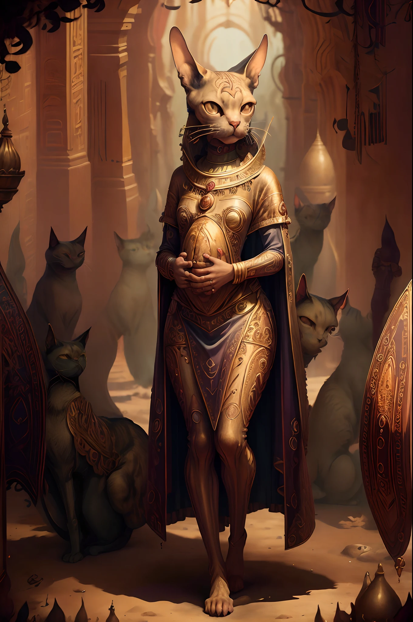 melhor qualidade,(Obra de arte:1.2), 
Antigo Egito AI, gato cornish rex,  criaturas de fantasia,corpo todo, cenário. retrato simétrico centrado, realista