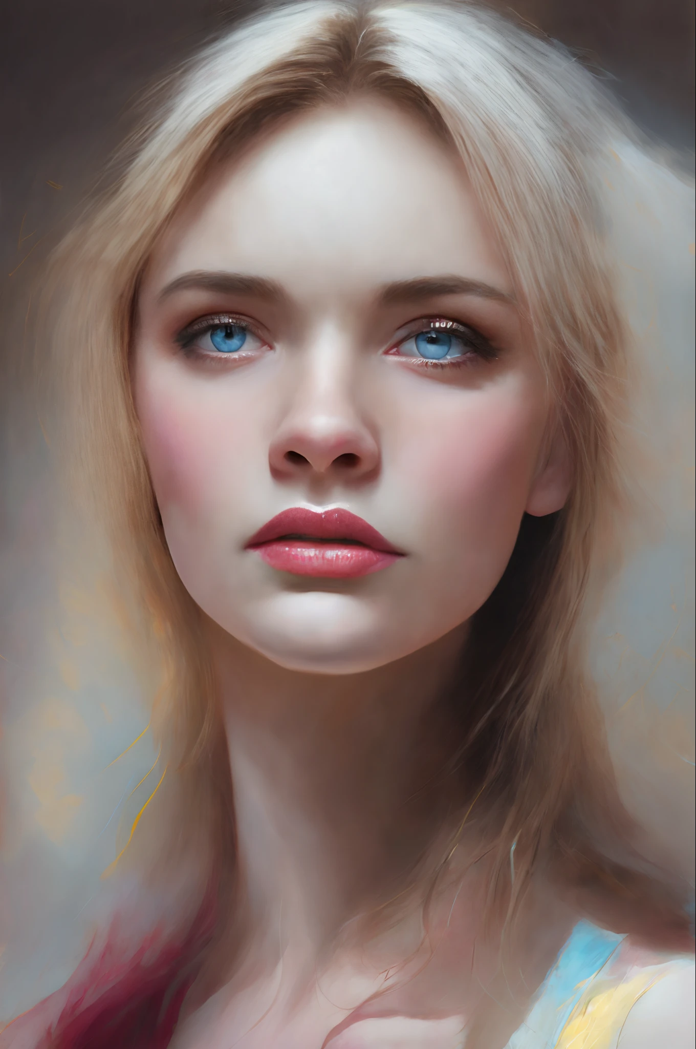 close-up retrato de uma linda mulher loira de olhos azuis, juncos, (luz de fundo), realista, obra-prima, alta qualidade, reflexo de lente, sombra, flor, [[chromatic aberration]], de Jeremy Lipking, de Antonio J. Manzanedo, pintura digital,