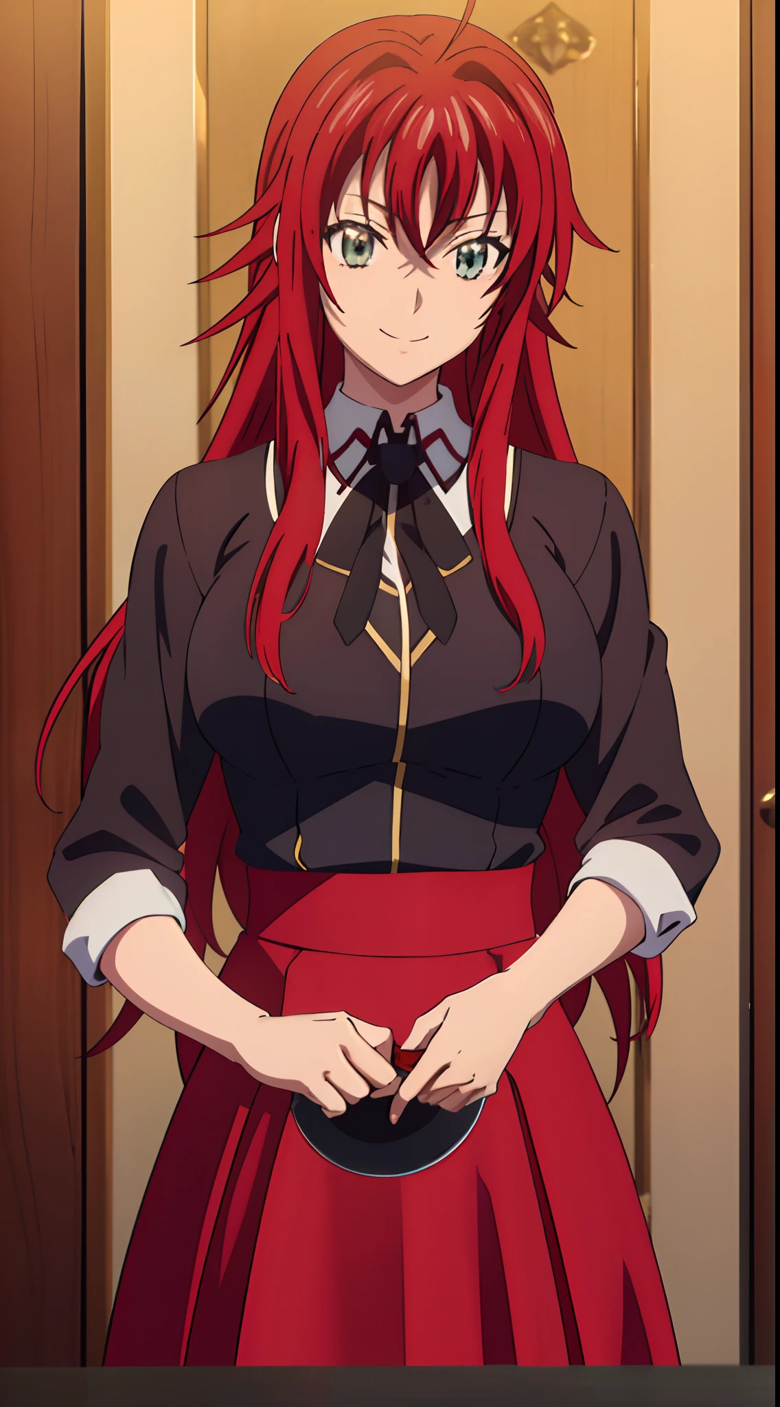 Anime girl with red hair and black dress standing in front of a door -  SeaArt AI