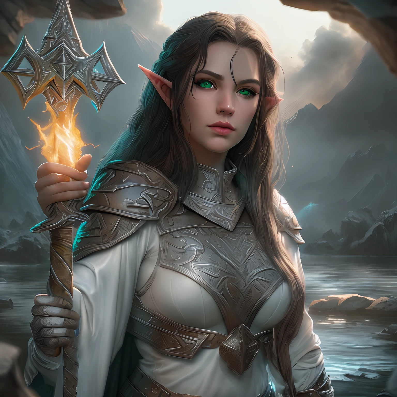 arafed, high details, best quality, 8k, [ultra detailed], masterpiece, best quality, (extremely detailed), dynamic angle, ultra wide shot, RAW, photorealistic, fantasy art, d&d art, a wide angle picture of a half elf cleric in  a temple near the lake, female, half elf (Masterpiece 1.5, intense details), black haired, green eyes, braided hair, long hair (Masterpiece, intense details), [small pointed ears], cleric, templar (1.3 Masterpiece, intense details dnd art), ultra detailed face, casting a spell (1.4 Masterpiece, intense details dnd art), wearing white plate mail armor with sigils ( 1.5 Masterpiece, intense details) GlowingRunes_paleblue, carrying flaming sword (Masterpiece 1.5, intense details), wearing white cloak with sigils (Masterpiece 1.4, intense details), holy symbol, standing near a lake (Masterpiece 1.5, intense details), dawn light, backlight, dynamic angle, reflection (1.5 Masterpiece, intense details) glowing light, high details , ray tracing, reflection light, silhouette, wide shot, panorama, Ultra-Wide Angle, high detail, award winning, best quality, HD, 8K, 3D rendering, high details, best quality, highres, ultra wide angle, 3D rendering, [[anatomically correct]]