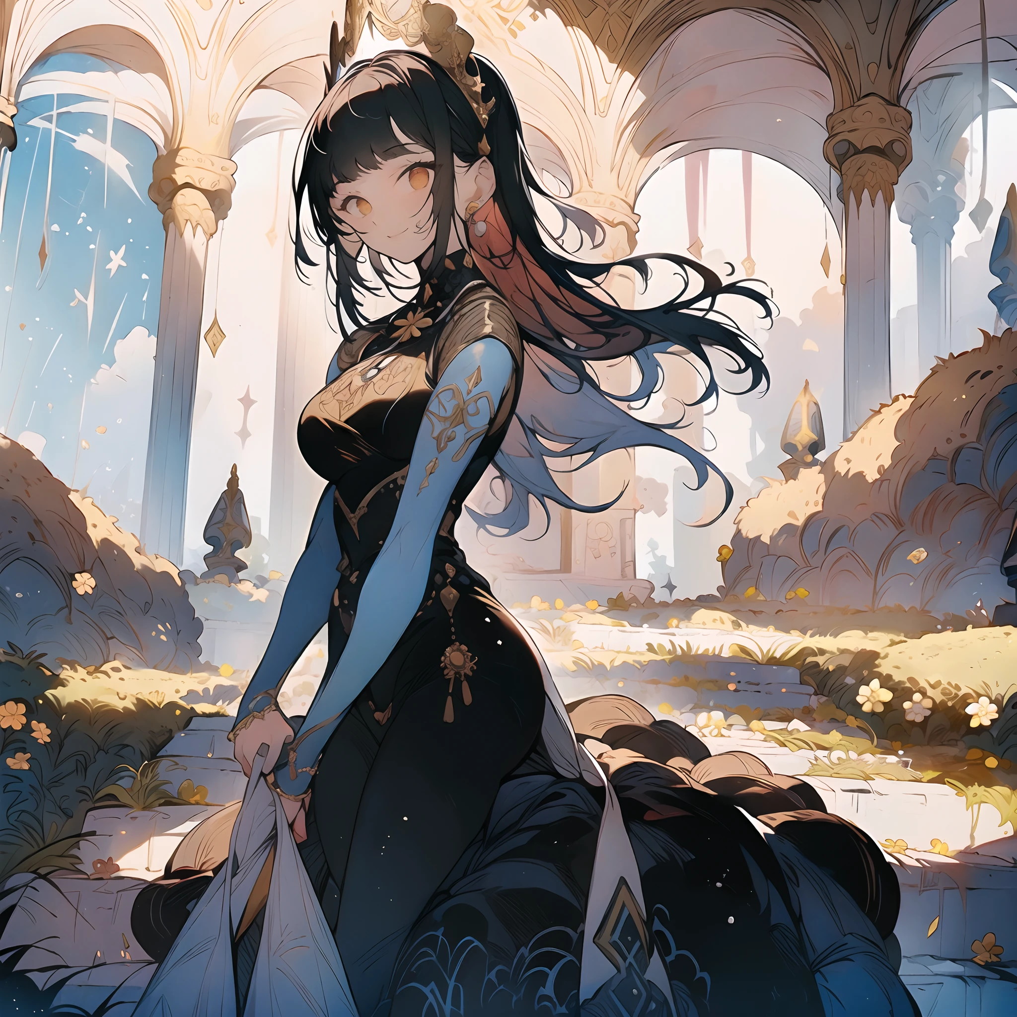 Anime girl in a black dress with a sword in a stone archway - SeaArt AI