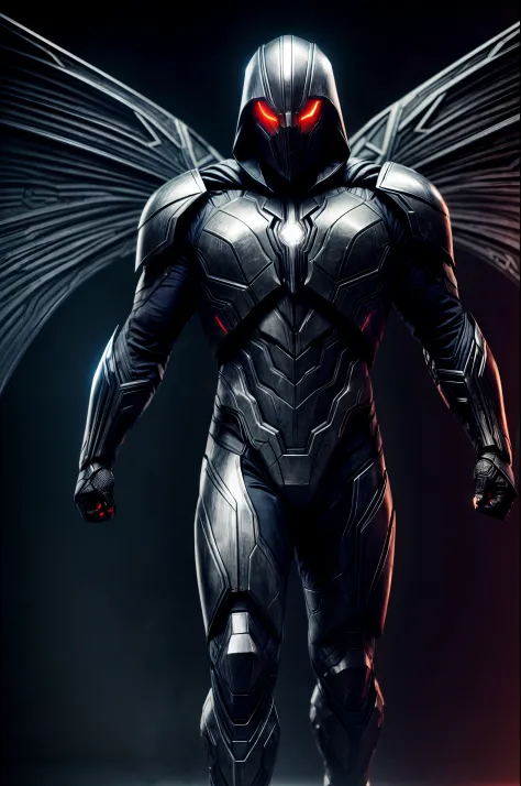 An intricate image of a Futuristic power-suit with built in weapons armor and ai, that resembles a hooded assasin with , skull shaped helmet with glowing ember eyes, Superhero landing pose, micro-details, photorealism, one light, dark photo, deep shadows, ...