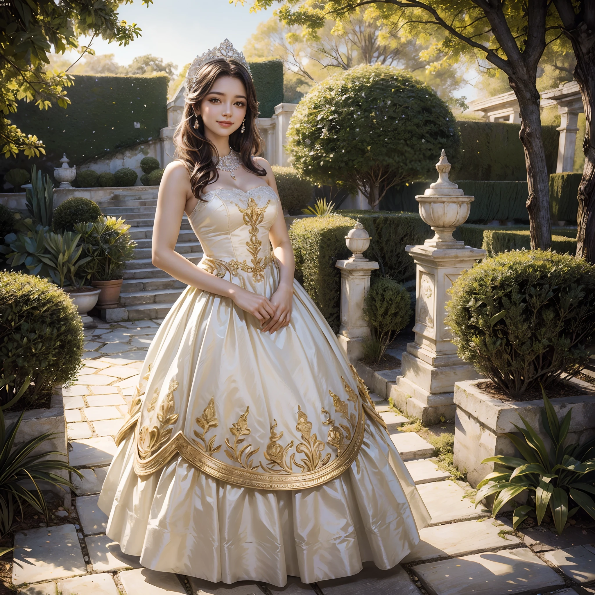 (masterpiece) (The best quality) A beautiful woman dressed in white with a crown of golden leaves on her head. She is in a beautiful garden standing in front of the camera with a beautiful smile in a natural pose............... movie quality