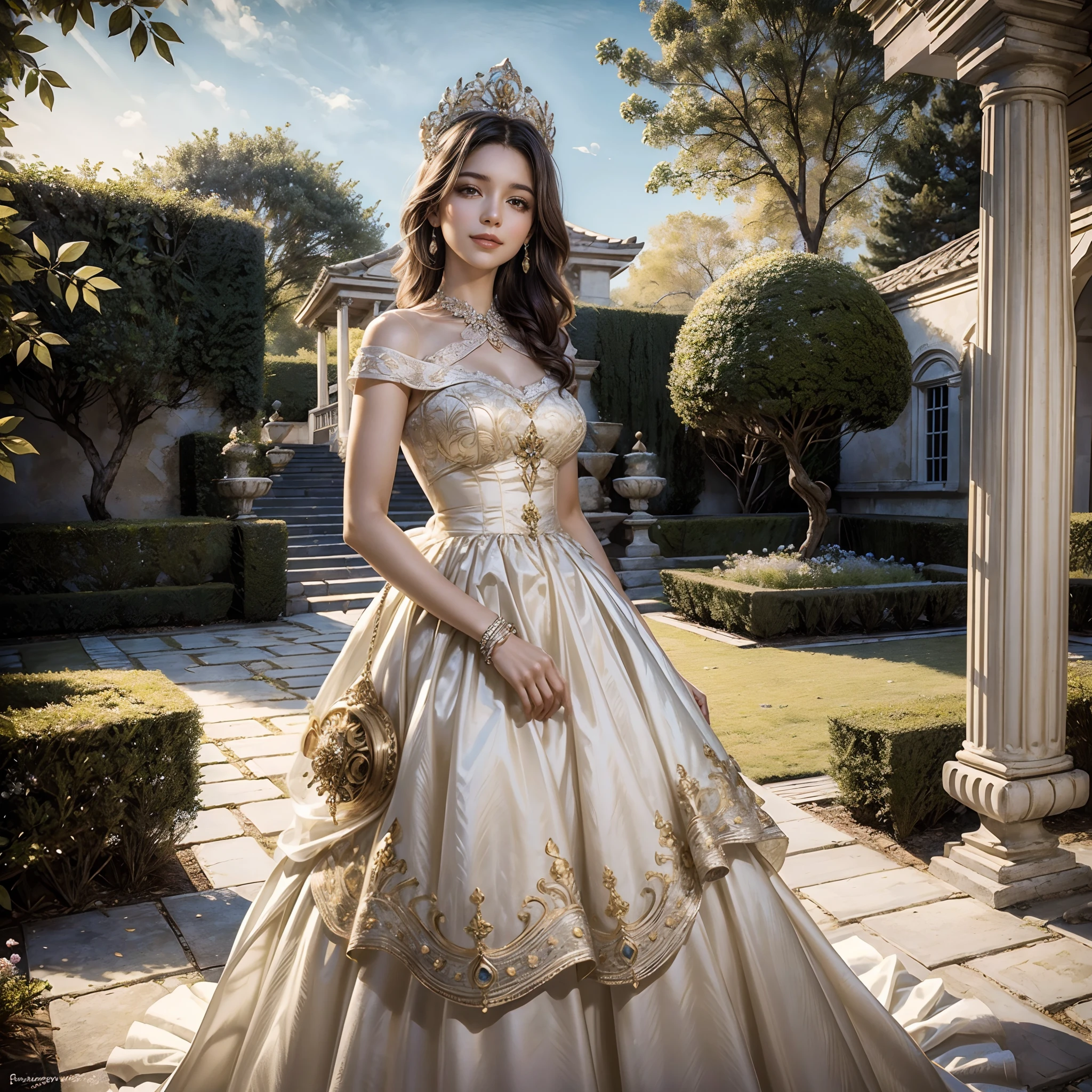 (masterpiece) (The best quality) A beautiful woman dressed in white with a crown of golden leaves on her head. She is in a beautiful garden standing in front of the camera with a beautiful smile in a natural pose............... movie quality