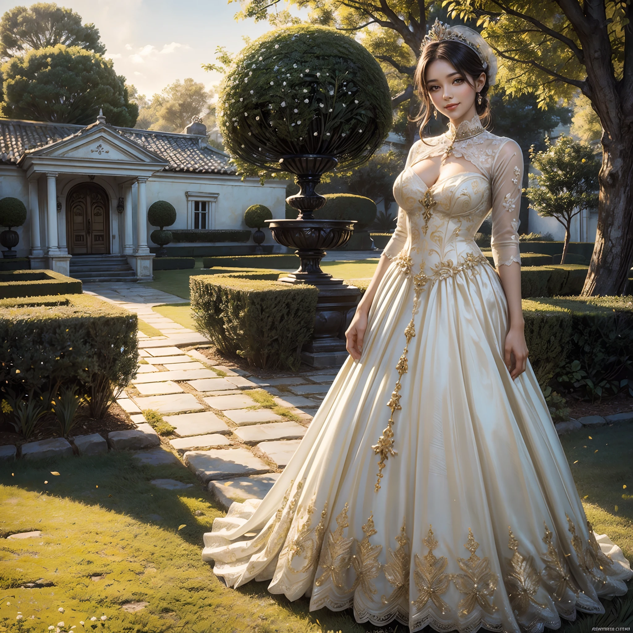 (obra maestra) (La mejor calidad) Una hermosa mujer vestida de blanco con una corona de hojas doradas en la cabeza. She is in a beautiful garden standing in front of the camera with a beautiful smile in a natural pose............... movie quality