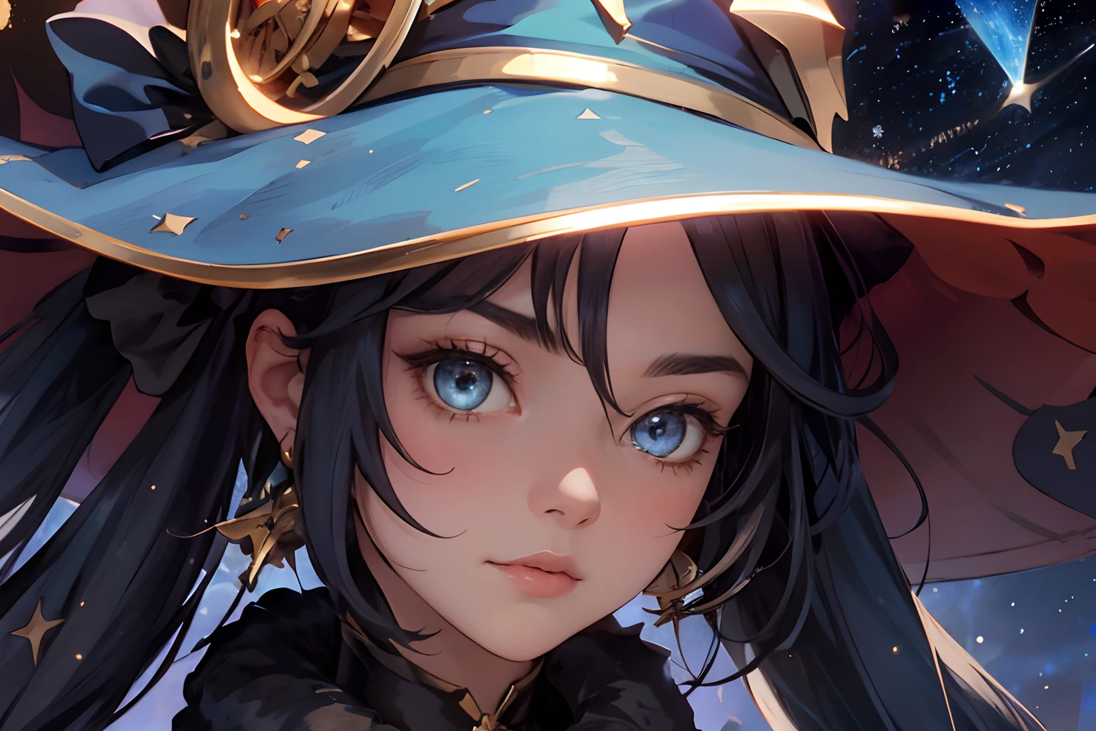 1 girl solo, long dark hair, blue bodysuit, blue witch hat, map of the sky and stars and constellations on background, hourglass, models of the planets, gold and brass details, dark room with light garlands, cinematic light, cinematic shot, glowing details, closeup portrait face