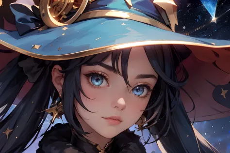 1 girl solo, long dark hair, blue bodysuit, blue witch hat, map of the sky and stars and constellations on background, hourglass...