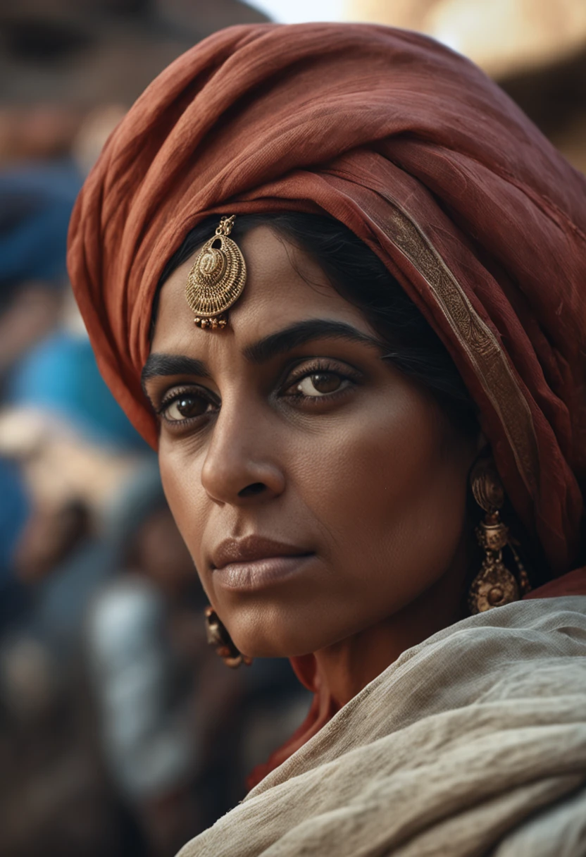 close-up of arab WOMAN of ancient times, very realistic , cheveux noirs avec turban, Texture naturelle de la peau, 24 mm, Textures 4k, soft cinematic light, Photo brute, photorealism, photoreallistic, complexe, elegant, highly detailed, mise au point nette, ((((((cinematic look)))), tons doux, insane detail, Intricate details, hyperdetailed, Faible contraste, soft cinematic light, couleurs sombres, exposure blend, Hdr, faded