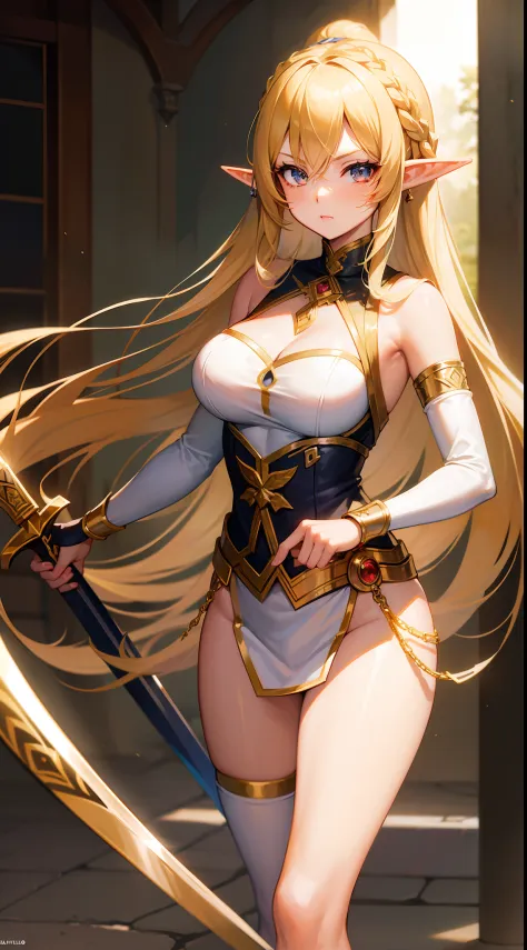 ((Masterpiece)),Phenomenal depiction,Anime girl with long hair and sword in hand, alluring elf princess knight, highly detailed anime, she has elf ears and gold eyes
