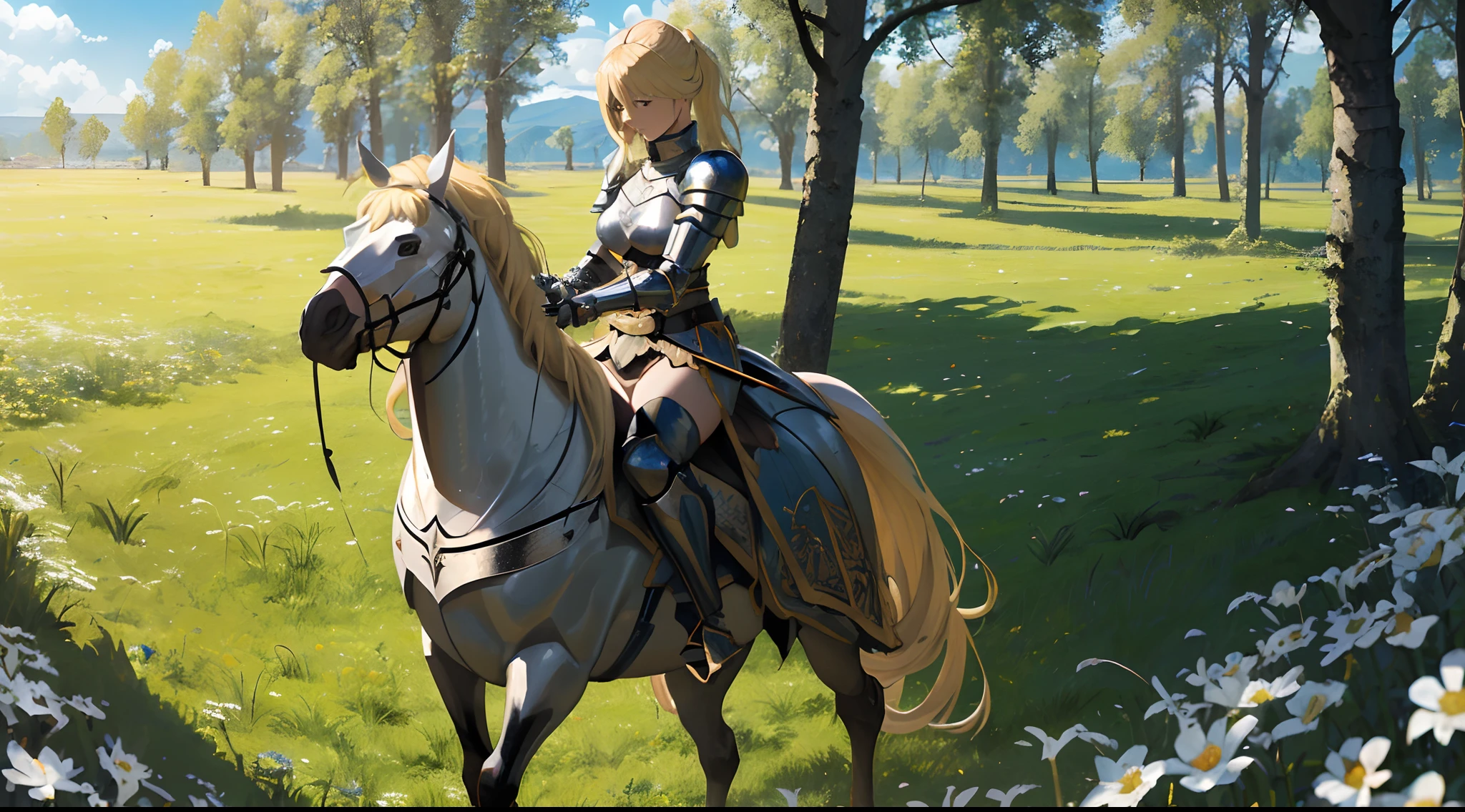 A beautiful and mighty blonde female knight is holding her sword and preparing herself for a great battle with her enemies It was surrounding her in a flat land of grass and trees in the background, sunny day, sunlight, wide-angle camera, panoramic view, high definition, ultra resolution, intricate details, volumetric light, dynamic composition, masterpiece