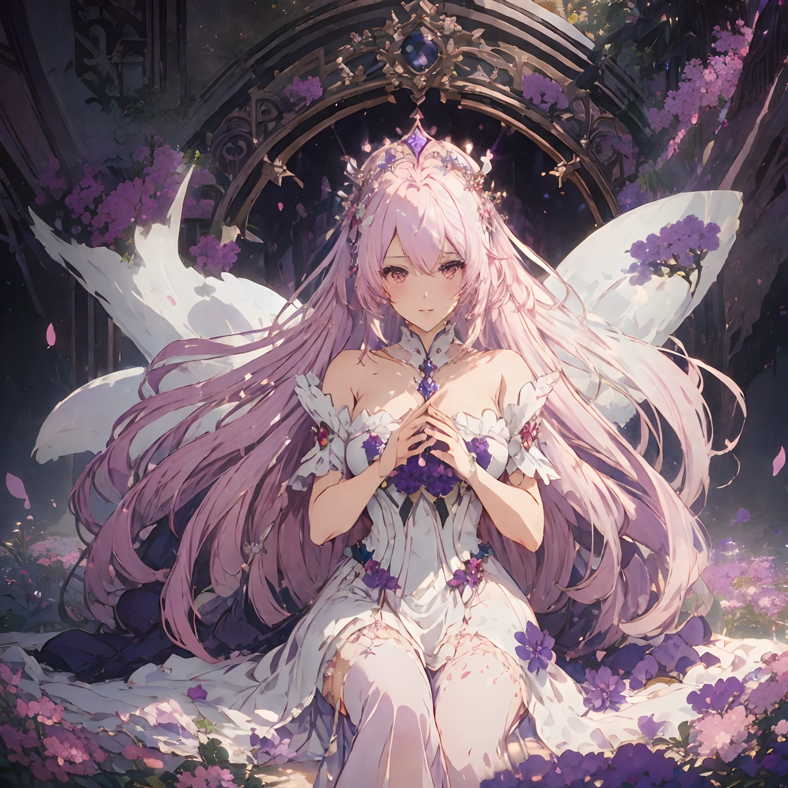 anime girl with long pink hair sitting on a bed with purple flowers, ((a beautiful fantasy empress)), guweiz on pixiv artstation, guweiz on artstation pixiv, beautiful fantasy anime, 8k high quality detailed art, white haired deity, a beautiful fantasy empress, cushart krenz key art feminine, guweiz