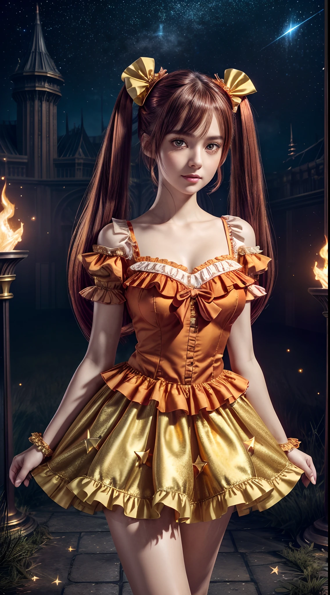 (fullbody, legs and shoes visible: 1.2)) expressive eyes, woman, pale skin, long hair, windblown hair, ((long hair)), long sidelocks, hime bangs, hair fringe, hair bun, ((long twintails)), lush hair, red hair, blushing, full face blushing, big sparkling glowing yellow eyes, (gradient eyes), open mouth smile, cute pose,
flowy flaming dress, ((gold multicolored open dress)), (mist), orange ruffles, yellow frills, (light red lace), detached short sleeves, puffy skirt, ((fire and stars print skirt : 1.3)), lolita skirt, dark red bows, ((pompon ribbons hair ornament : 1.4)), multiple bows, striped lace stockings, (heart shaped leg garter), cute (dark orange) shoes ((hyperdetailed clothing and fashion)) looking at you, vintage girl, blushing, (beautiful detailed eyes), (extremely detailed CG unity 8k wallpaper) (best shadow), ((an extremely delicate and beautiful)), (detailed light), ((depth of field)) big head, big sparkling eyes, moe, splash art, cinematic lighting, frontal view, volumetric lighting maximalist photo illustration k resolution high res intricately detailed complex key visual precise linear 
((in the dark palace background, surrounded by expensive decor, shooting stars)) ((hyperdetailed scenery, foggy, darkness : 1.3))