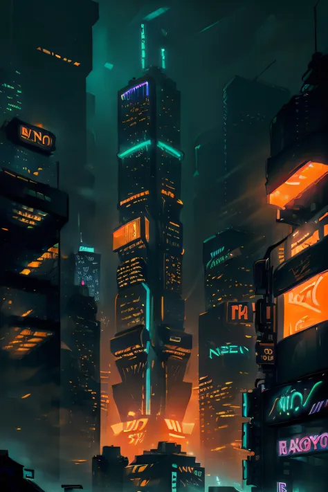 ((bladerunner-inspired:1.2) (futuristic new york city:1.1) with (neon-lit skyscrapers:1.1) and (orange fog:1.1))