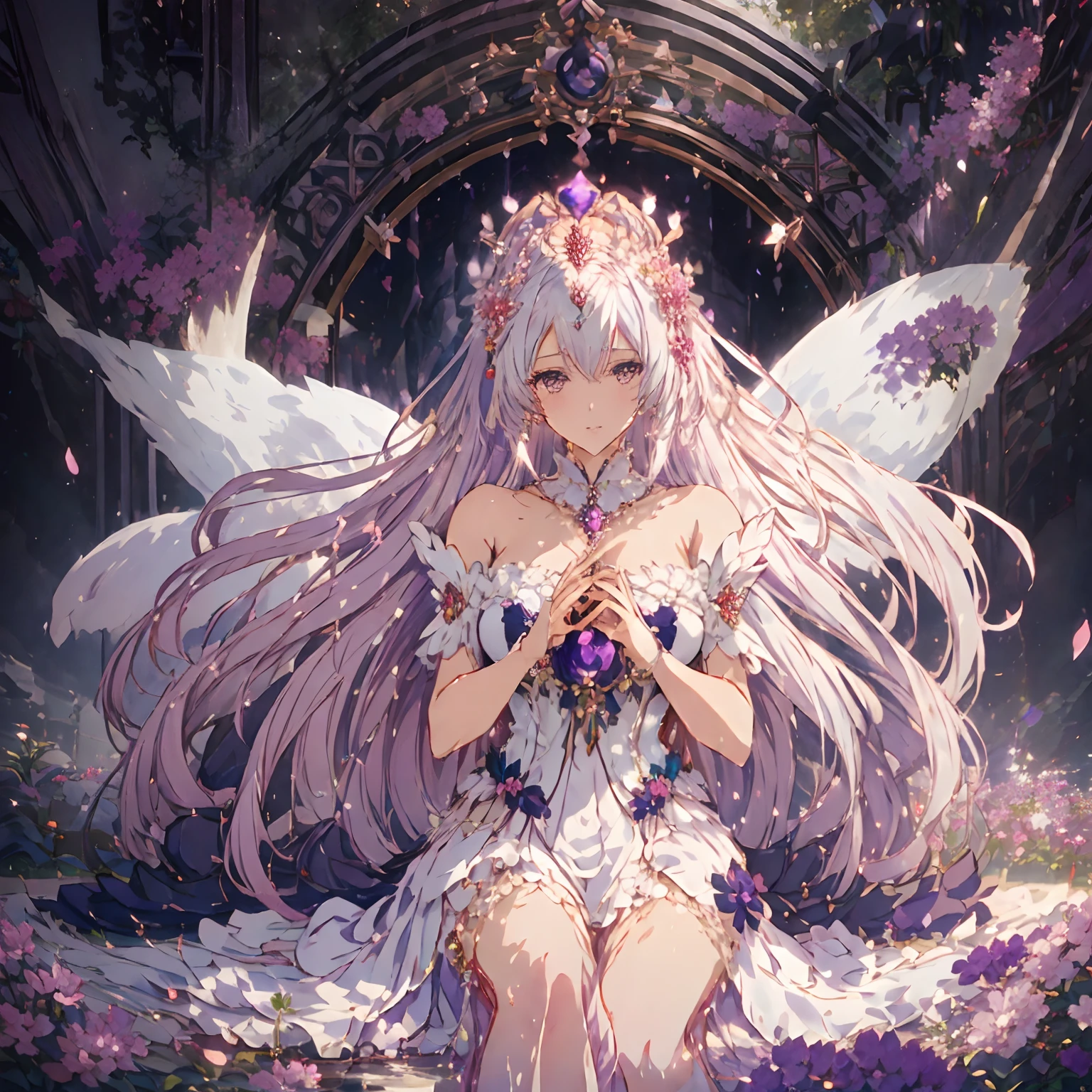 anime girl with long hair and purple dress holding a flower, cushart krenz key art feminine, ((a beautiful fantasy empress)), masterpiece goddess of sorrow, high detailed official artwork, anime goddess, white haired deity, a beautiful fantasy empress, detailed key anime art, queen of flowers, official anime artwork, she is the queen of black roses