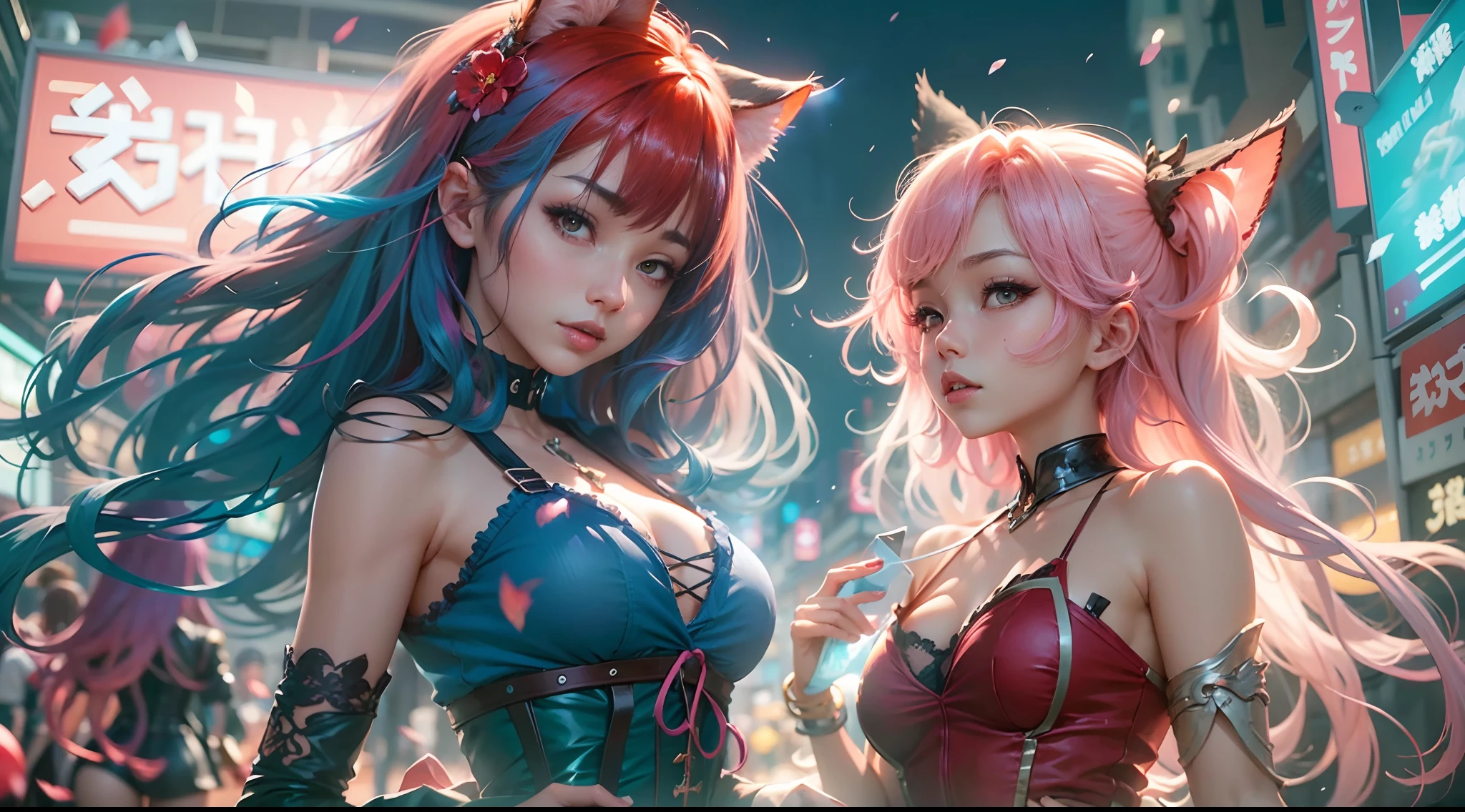 anime - image de style de deux femmes aux cheveux roses et bleus vêtues d&#39;un corset rouge et bleu, posant à Akihabara pour une séance photo, Capturé depuis la vue du ver, Distance de 4 mètres par rapport au spectateur, wlop et sakimichan, jolie fille chat, oeuvre d&#39;art dans le style de guweiz, style artistique fantastique, 2. Oeuvre fantastique d&#39;anime CGI 5 D, fanart meilleure station d&#39;art, par Yang J., tendance sur cgstation, Wlop et Ross Tran, guweiz