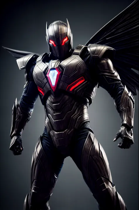 An intricate image of a Futuristic power-suit with armor and ai, that resembles a assasin with demon shaped helmet with glowing ember eyes, intricate metal wings, Superhero landing pose, micro-details, photorealism, one light, dark photo, deep shadows, sha...