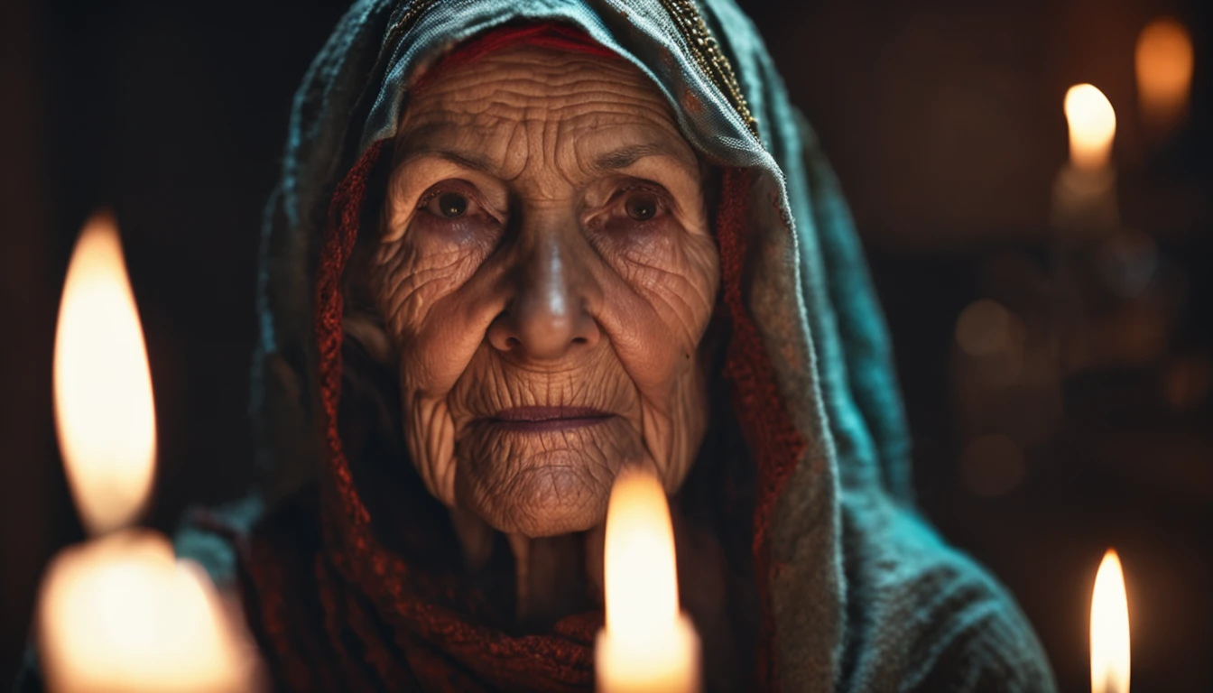 Intricate half body portrait of a very old Caucasian woman with wrinkles, illuminated by warm litted candles, with a backdrop of eerie dungeion . stunning interpretive visual, maximalist scarf and veil. f1.0lens, tilt-shift, shalllow DOF. dramatic lighting. chiaroscuro,