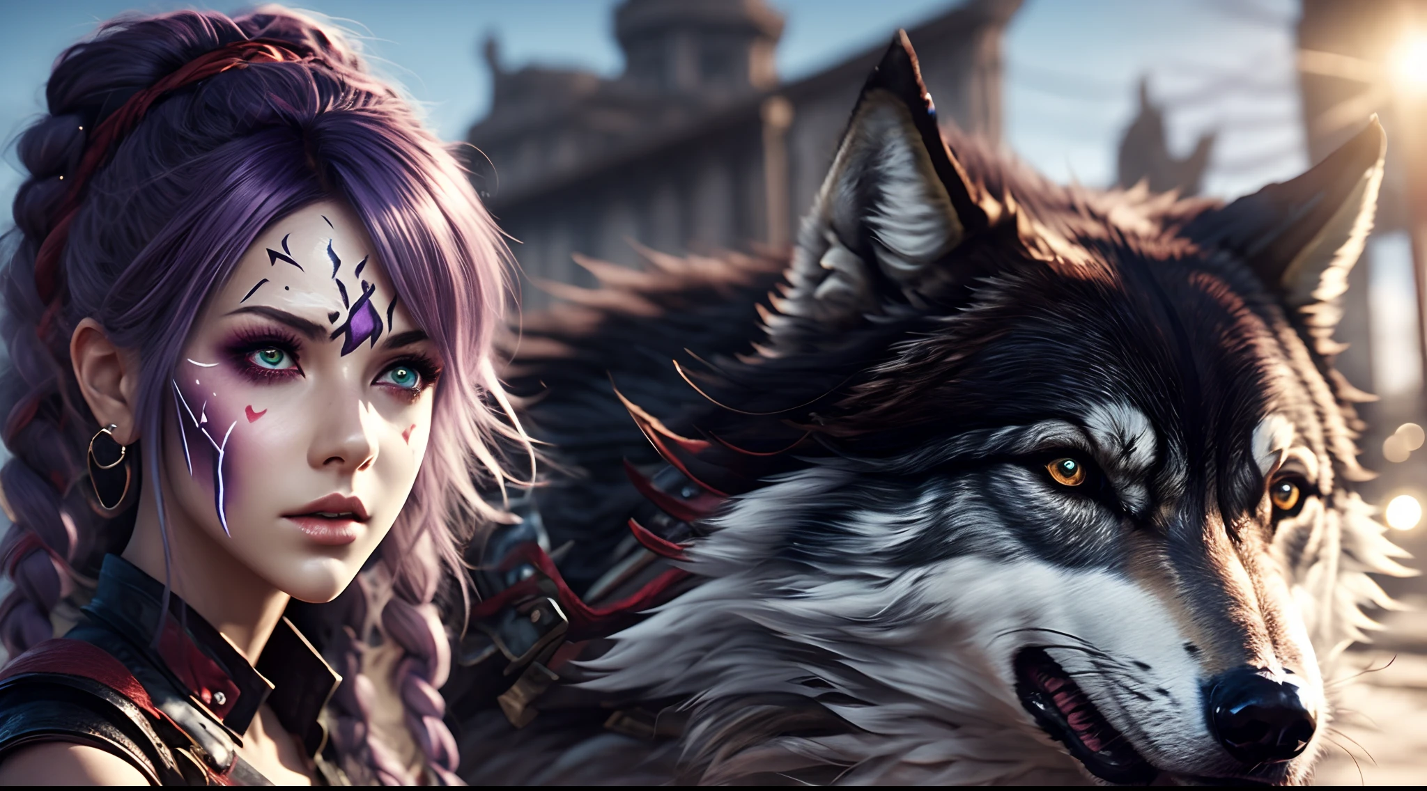 Close-up of a woman and a wolf, Purple hair, Hairline, facepaint, anime big breast, Motion blur, Polar opposites, cut-in, Lens flare, Textured skin, retinas, Best quality，A high resolution，1080p，Ultra HD drawings