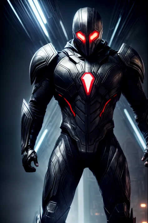 An intricate image of a Futuristic power-suit with built in weapons armor and ai, that resembles a hooded assasin with , skull shaped helmet with glowing ember eyes, Superhero landing pose, micro-details, photorealism, one light, dark photo, deep shadows, ...