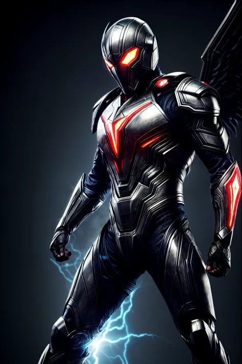An intricate image of a Futuristic power-suit with armor and ai, that resembles a assasin with demon shaped helmet with glowing ember eyes, intricate metal wings, Superhero landing pose, micro-details, photorealism, one light, dark photo, deep shadows, sha...