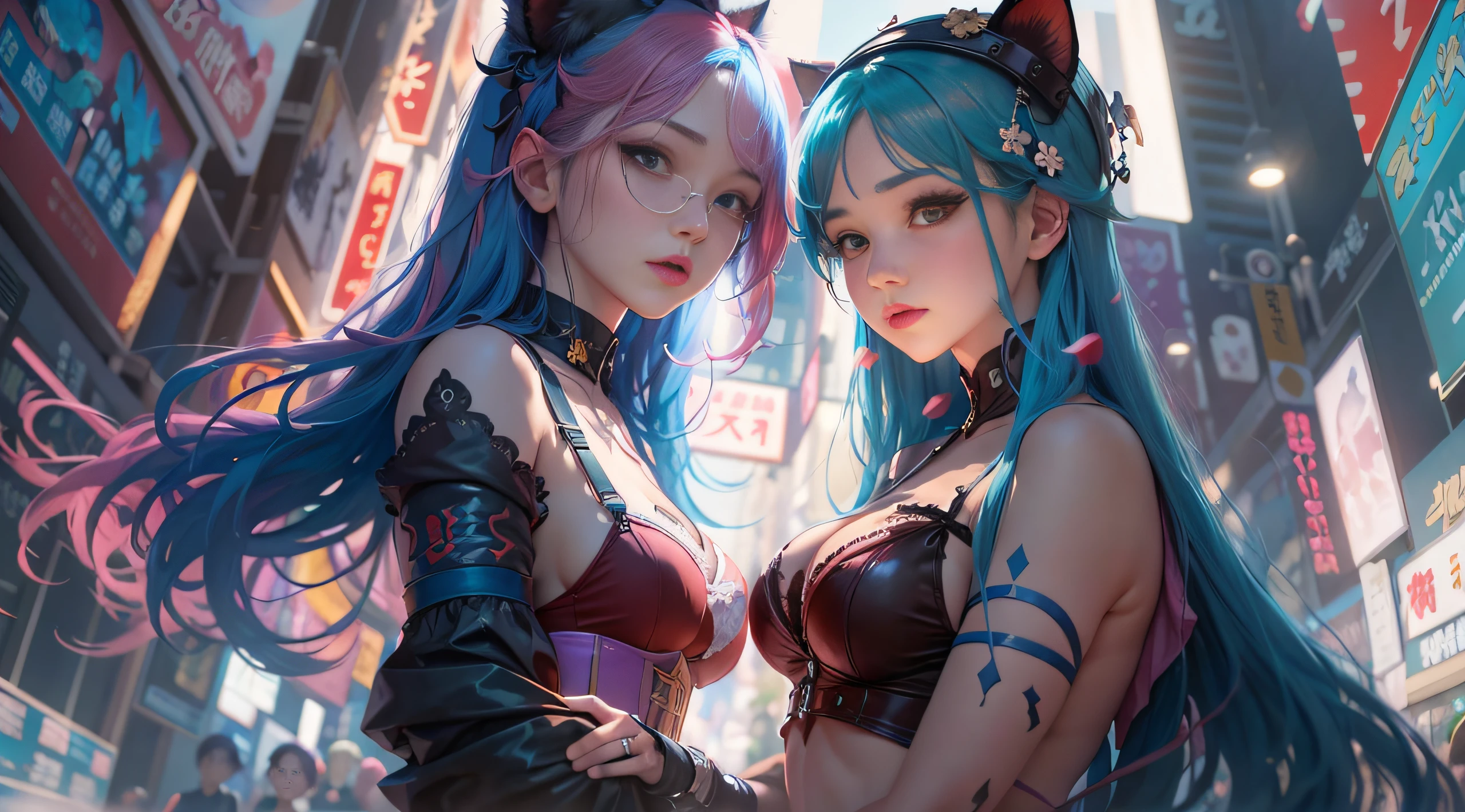 anime - image de style de deux femmes aux cheveux roses et bleus vêtues d&#39;un corset rouge et bleu, posant à Akihabara pour une séance photo, Capturé depuis la vue du ver, Distance de 4 mètres par rapport au spectateur, wlop et sakimichan, jolie fille chat, oeuvre d&#39;art dans le style de guweiz, style artistique fantastique, 2. Oeuvre fantastique d&#39;anime CGI 5 D, fanart meilleure station d&#39;art, par Yang J., tendance sur cgstation, Wlop et Ross Tran, guweiz