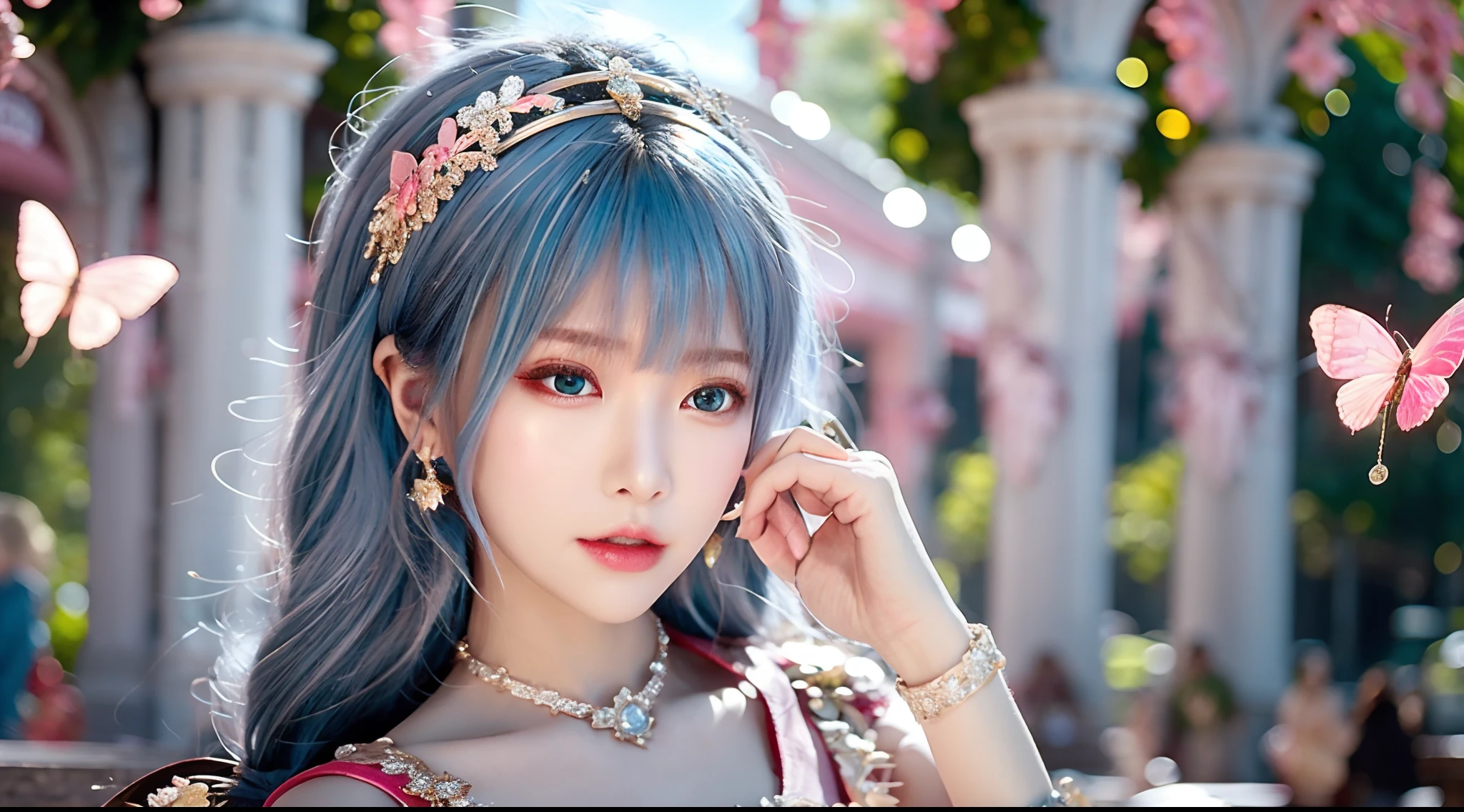 Gorgeous and delicate butterfly ornaments，brilliant colorful，Fine engraving，Shine brightly，The attention to detail，The quality of the jewelry is excellent，Extremely high image quality;blue  hair+Small pink flowers:1.3+Big red eyes+gold-wire glasses:1.2+Intellectual beauty:1.1)