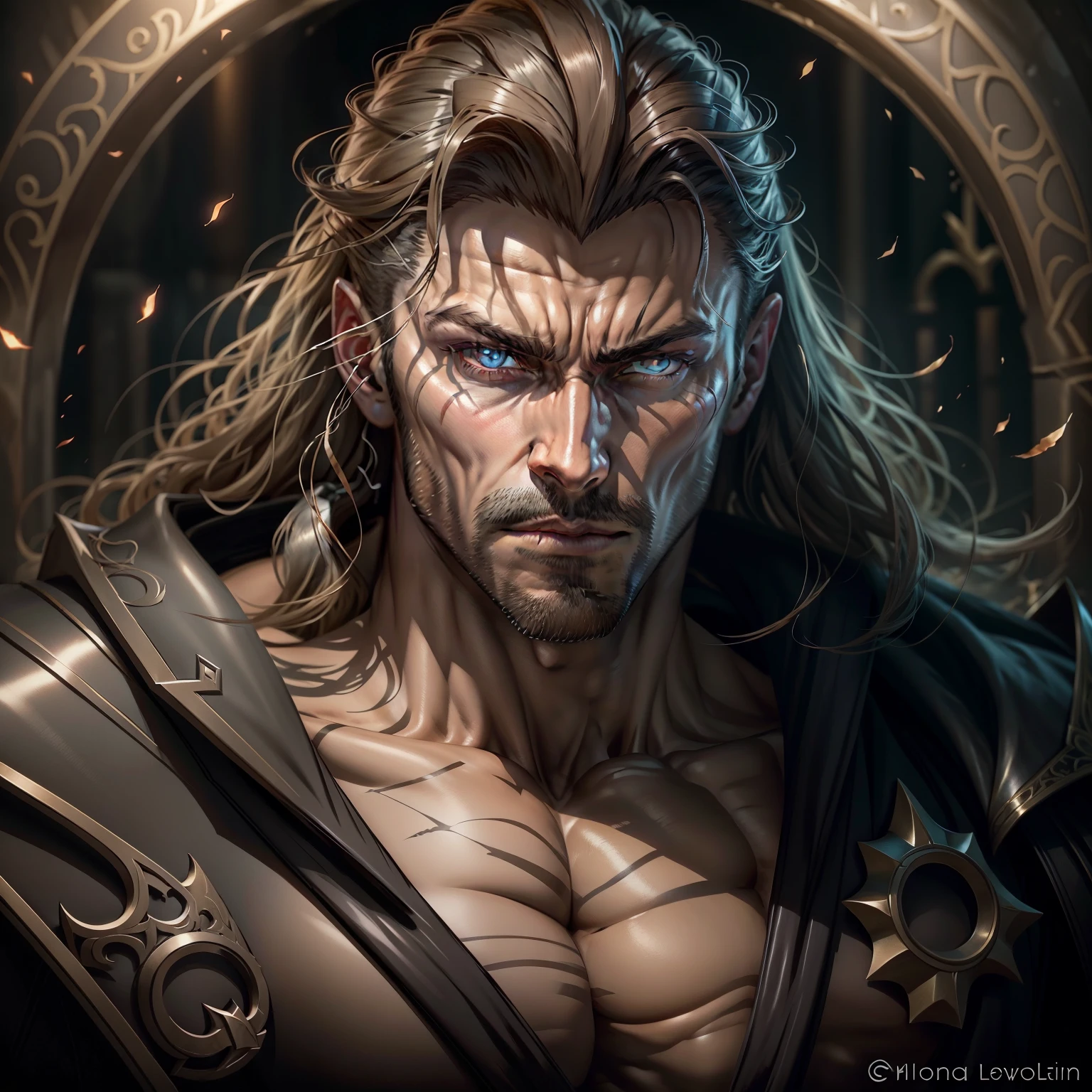 Castlevania Lord of the shadows Handsome muscular warrior glowing eyes face portrait zoom sexy face hyper realistic super detailed