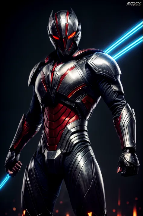 An intricate image of a Futuristic power-suit with armor and ai, that resembles a assasin with demon shaped helmet with glowing ember eyes, intricate metal wings, with flame thrower, Superhero landing pose, micro-details, photorealism, one light, dark phot...