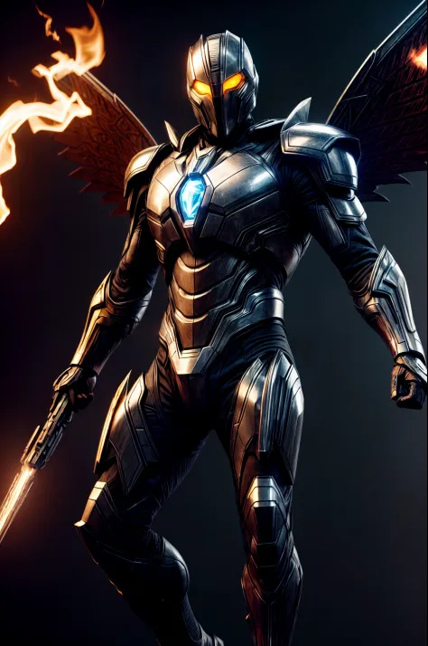 An intricate image of a Futuristic power-suit with armor and ai, that resembles a assasin with demon skull helmet with glowing cyclopse ember eyes, intricate metal wings, with flame thrower, Superhero landing pose, micro-details, photorealism, one light, d...