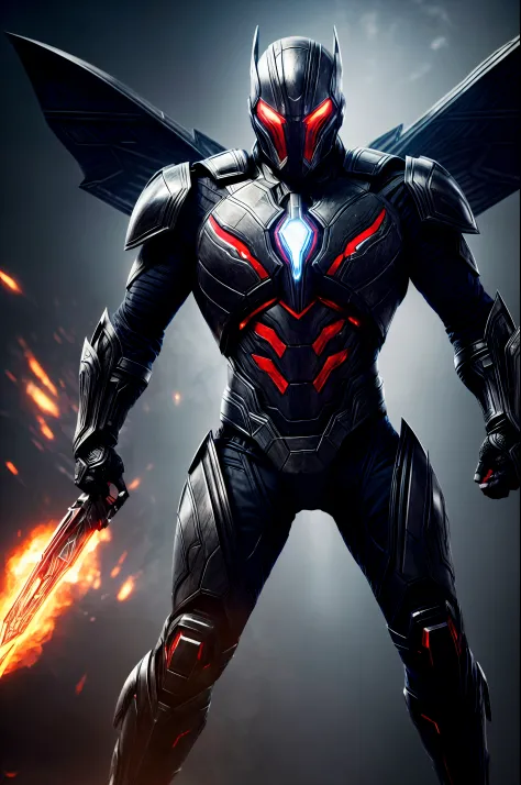 An intricate image of a Futuristic power-suit with armor and ai, that resembles a assasin with demon skull helmet with glowing ember eyes, intricate metal wings, Superhero landing pose, micro-details, photorealism, one light, dark photo, deep shadows, shal...