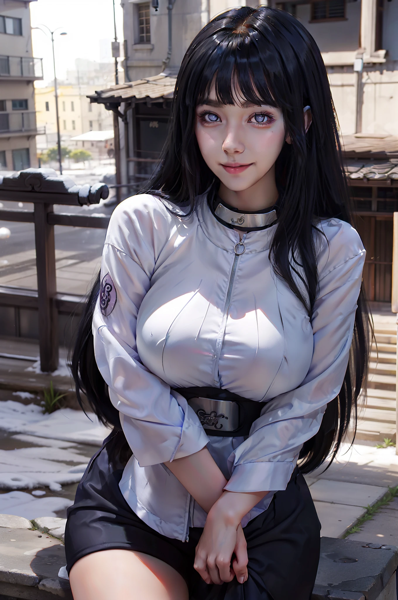 1girl, hyuga hinata in anime naruto, long hair, black hair, white eyes, smile, beautiful, sexy clothes, purple clothes, very big breast, realistic clothes, detail clothes, outdoor background, ultra detail, realistic