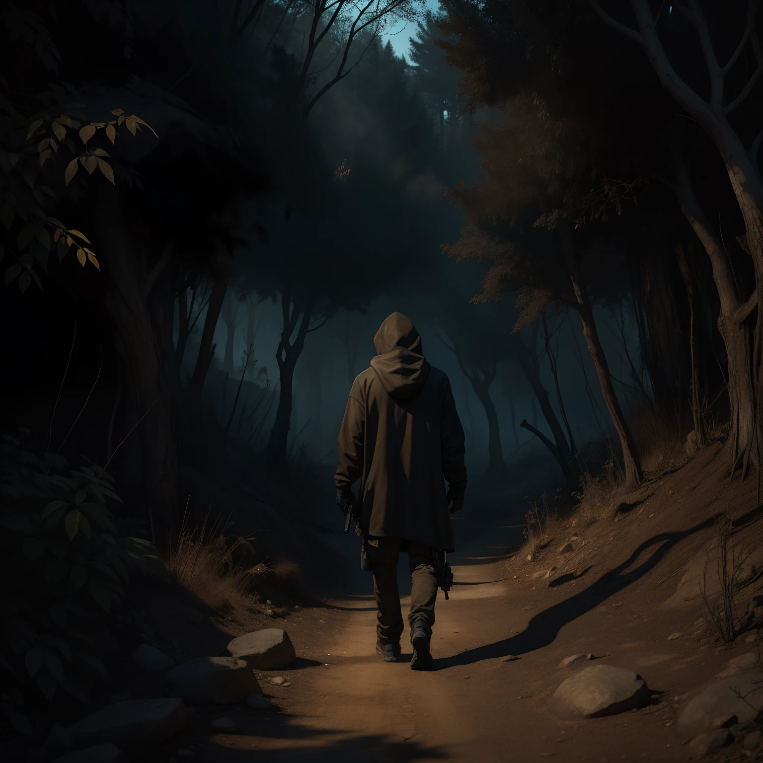 Hay un hombre caminando por un sendero oscuro en el bosque seco con una sudadera con capucha y una pistola en la mano. Fantasía oscura.