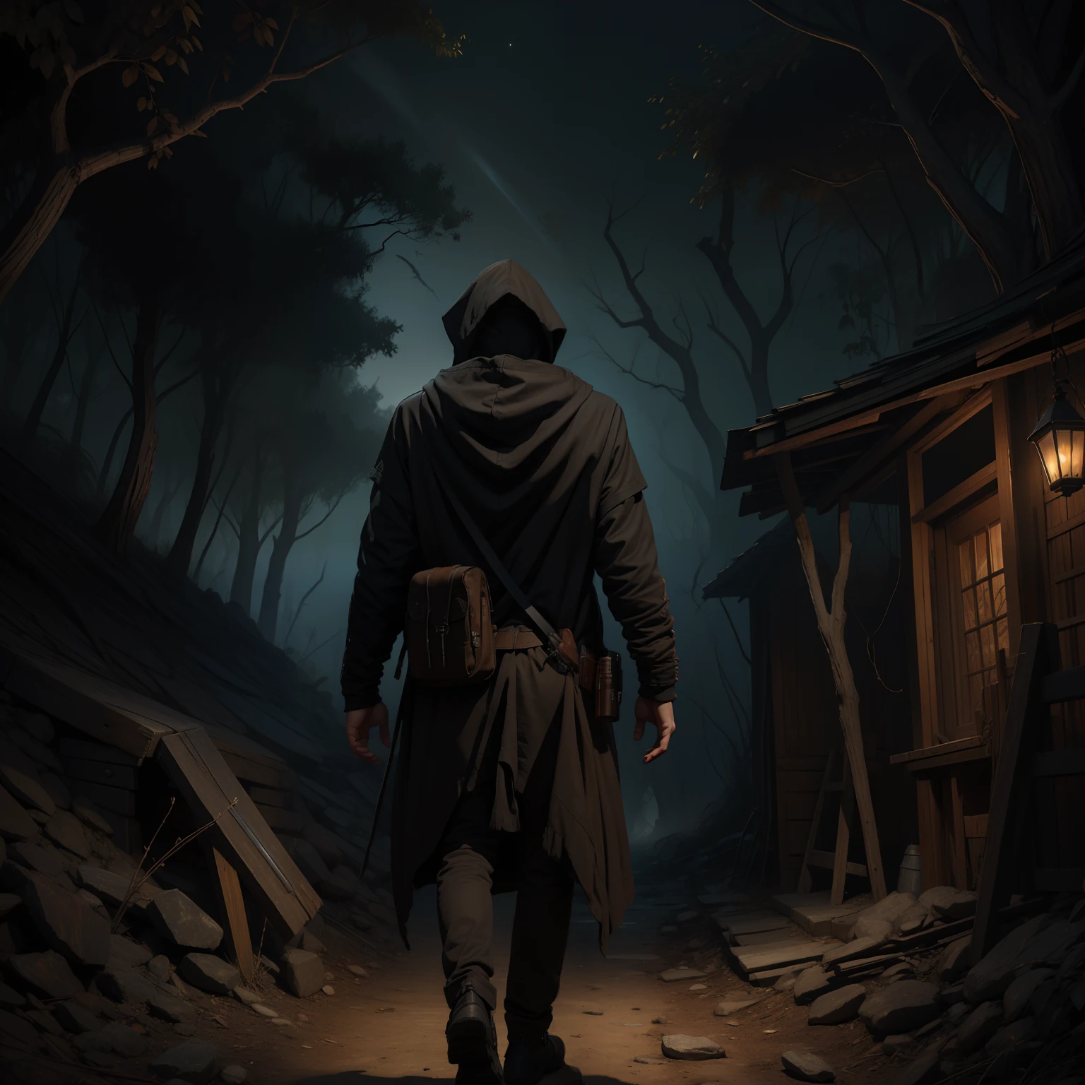 乾燥した森の中の暗い小道を、フードをかぶり銃を手に歩いている男がいる。ダークファンタジーの19世紀の絵