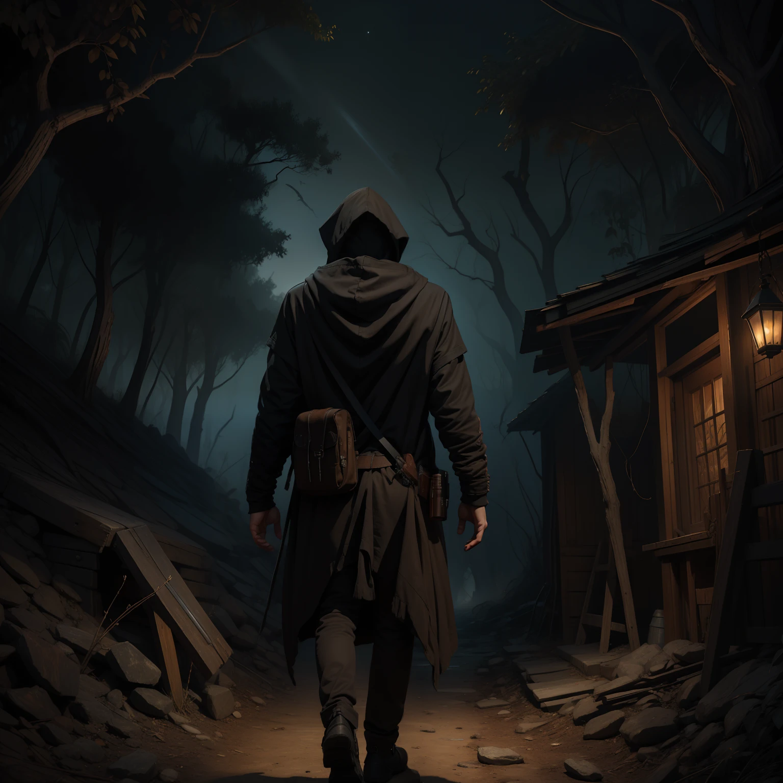 There is a man walking down a dark path in the dry forest wearing a hoodie with a gun in his hand Dark fantasy 19th century drawing