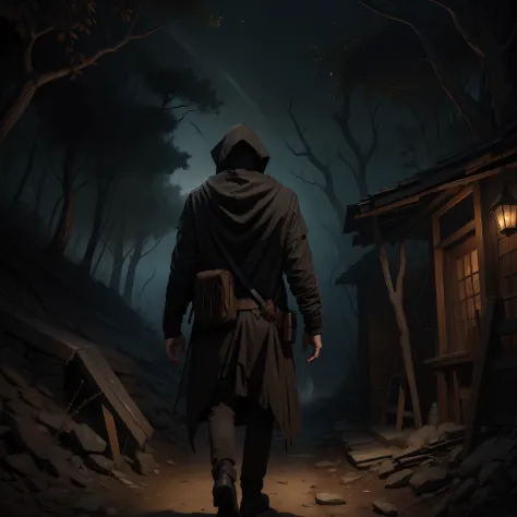 There is a man walking down a dark path in the dry forest wearing a hoodie with a gun in his hand Dark fantasy 19th century draw...