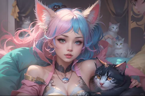 anime - style image of two women with pink and blue hair dressed in colorfull corset and cats, wlop and sakimichan, attractive c...