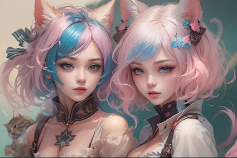 anime - style image of two women with pink and blue hair dressed in colorfull corset and cats, wlop and sakimichan, attractive c...