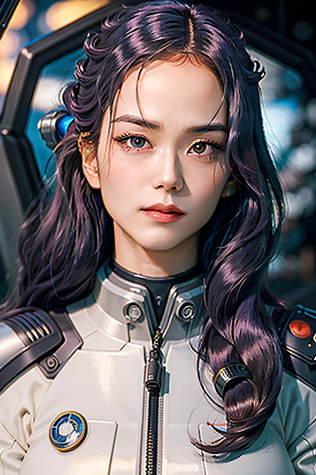 Evangelion movie (masterpiece), (realistic), portrait of young woman , floppy hair, lavender hair, 18 year old, rei ayanami, Japanese woman, young woman , detailed skin, female focus, solo, realistic, short hair, (futuristic armor:1.4), (sexy:1.5) mecha suit, messy hair, (exposed thighs, exposed arms, exposed skin: 1.2), perfect teeth, serious look, sharp eyes, inside futuristic cockpit, light hazel eyes, sci fi plugsuit, thumbs up, phone camera, selfie, pose, white over black suit, dim lighting, blue screen reflection, evangelion cockpit, high tech, sci fi, sci fi Tokyo, cyberpunk