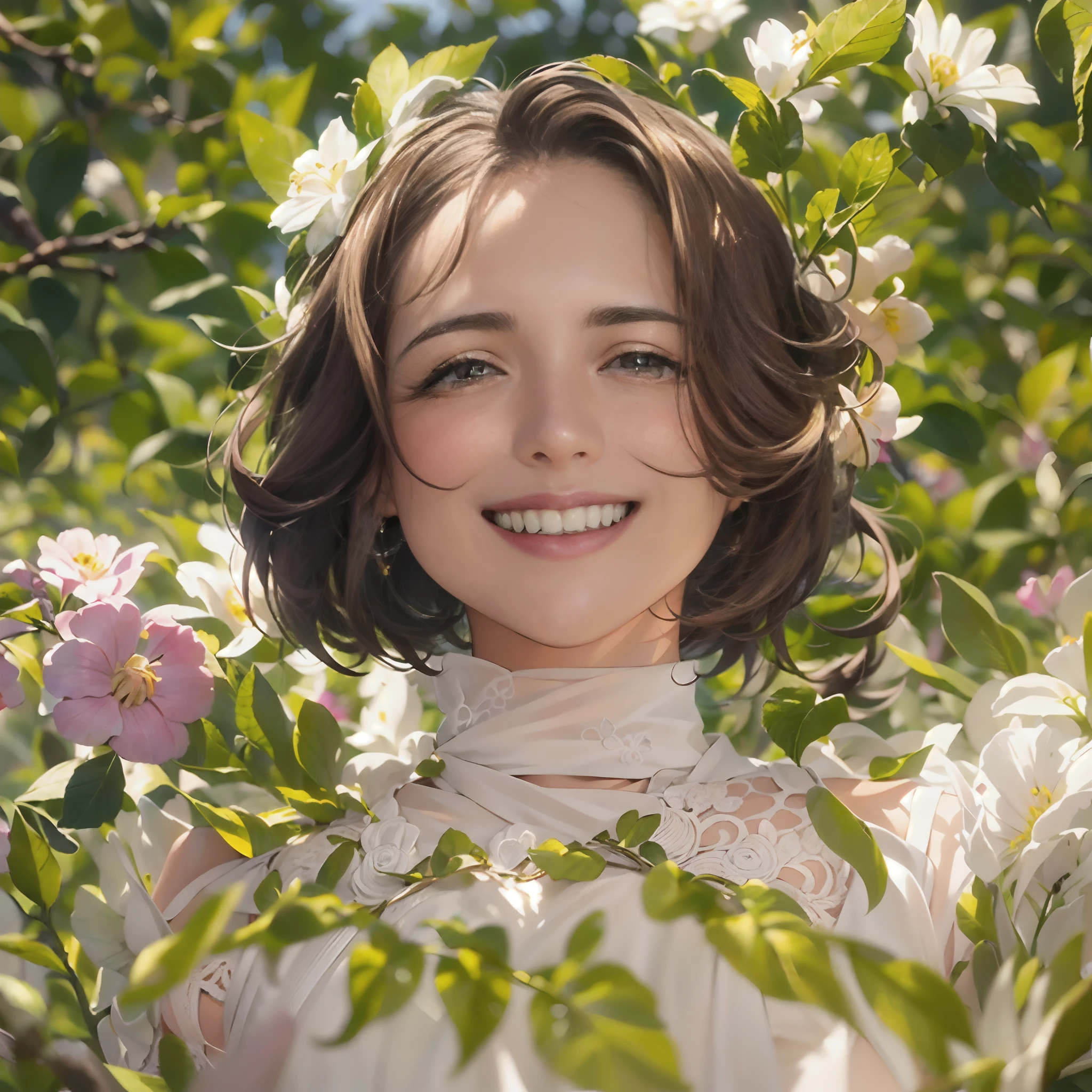 (masterpiece) (The best quality) A beautiful woman dressed in white with a crown of golden leaves on her head. She is in a beautiful garden standing in front of the camera with a beautiful smile in a natural pose....................... movie quality (Best quality anime)