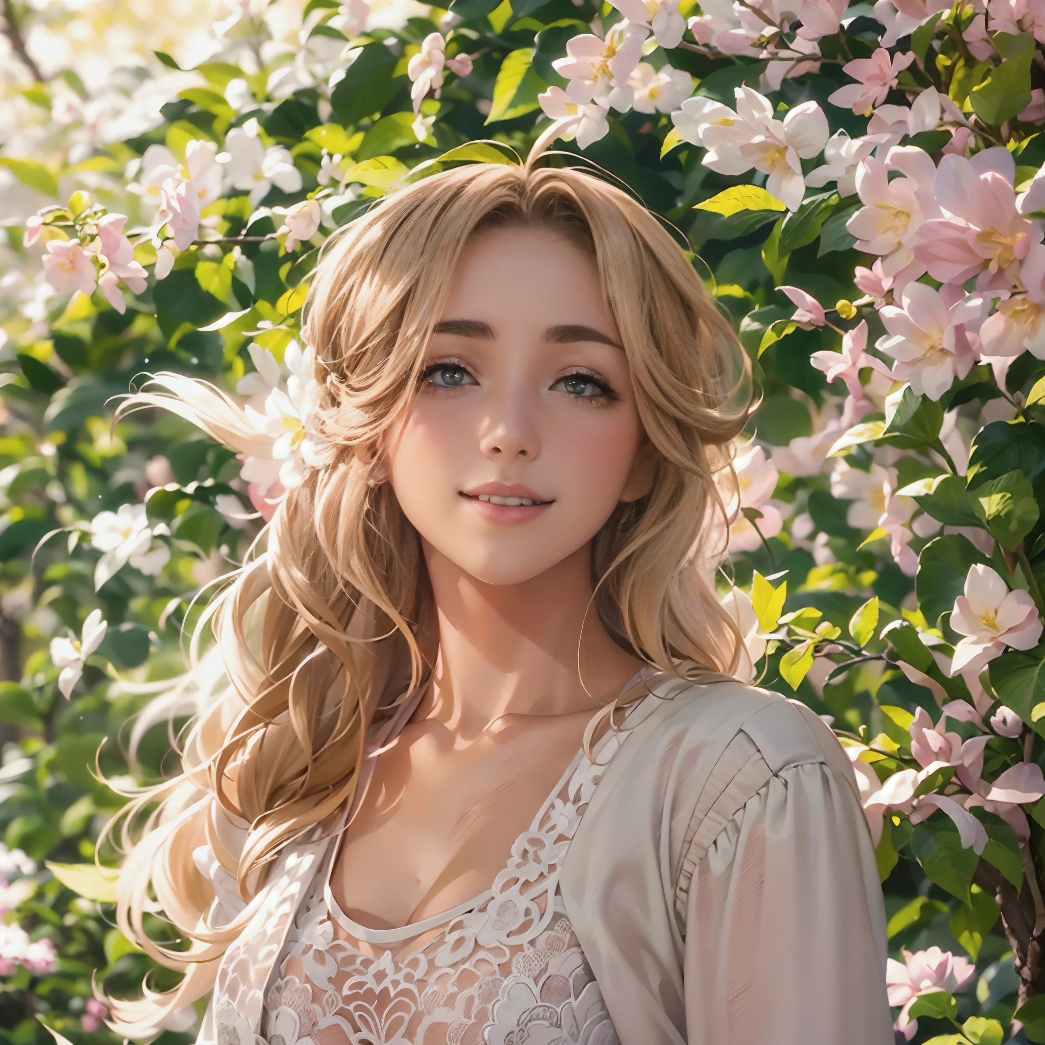 (Obra-prima) (A melhor qualidade) Uma linda mulher vestida de branco com uma coroa de folhas douradas na cabeça. Ela está em um lindo jardim em frente à câmera com um lindo sorriso em uma pose natural....................... qualidade do filme (Animes de melhor qualidade)