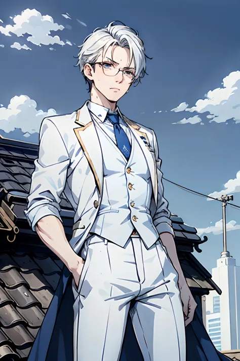 Elite School uniform, white blue clothing, white tuxedo, blue pants, golden buttons, blue neck tie, young adult, 20 years old, white hair, curtain mullet hairstyle, short hair, detailed eyes, light blue pupils, arrogant expression, angry pose, skinny, tall...