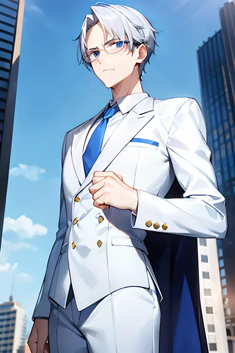 Elite School uniform, white blue clothing, white tuxedo, blue pants, golden buttons, blue neck tie, young adult, 20 years old, white hair, curtain mullet hairstyle, detailed eyes, light blue pupils, arrogant expression, angry pose, skinny, tall, glasses, m...