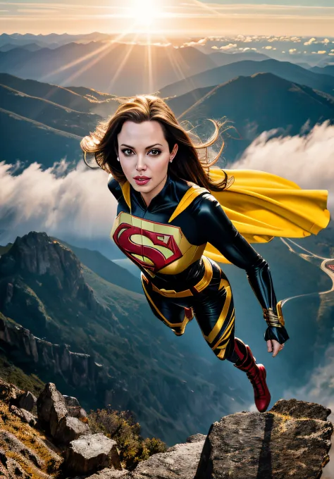 Angelina Jolie wearing black and yellow iron Superman costume,beautiful lighting, best quality, realistic, full body, flying on the top of mountain real picture, fight scene,highly-detailed, Fujifilm XT3, outdoors, bright day, Beautiful lighting, RAW photo...