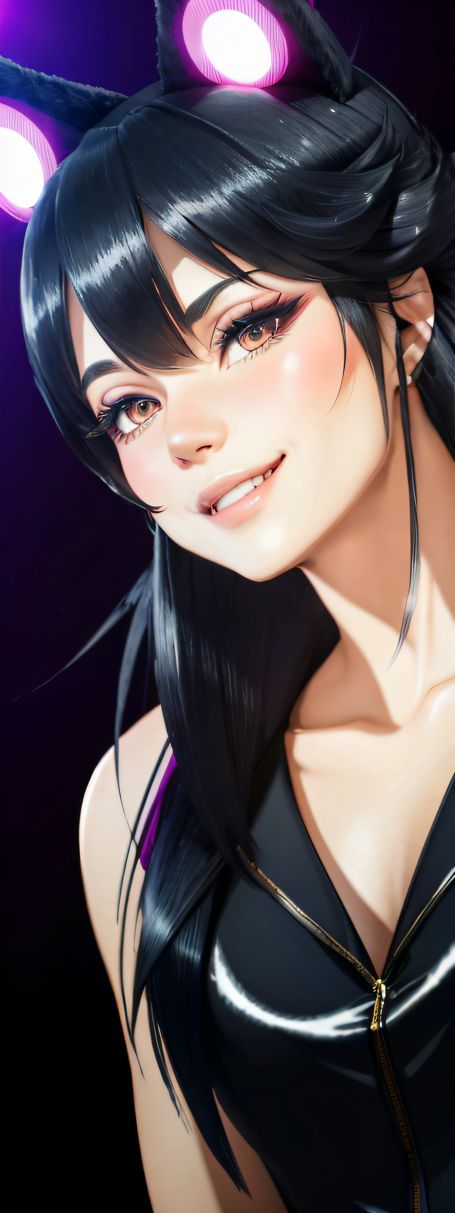 black hair, hair bobbles, wince, longeyelashes, solid circle eyes, fake animal ears, light smile, ear blush, fang, Surrealism, drop shadow, anaglyph, stereogram, tachi-e, pov, atmospheric perspective, 8k, super detail, ccurate, best quality