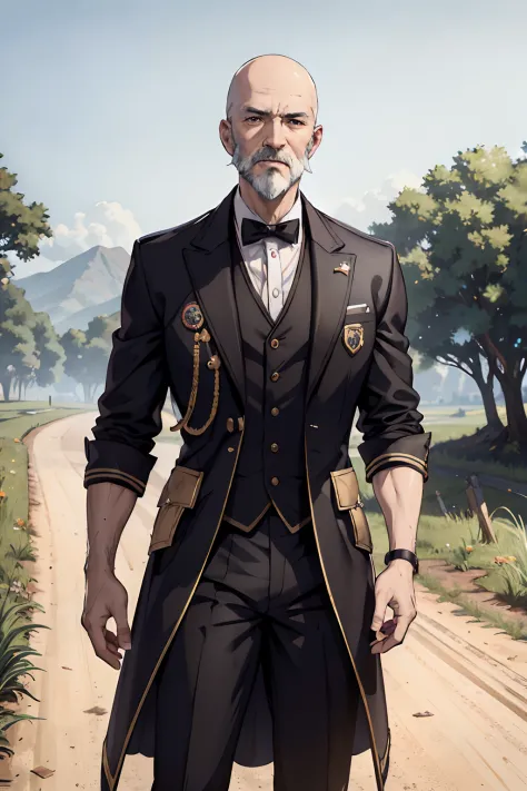 Buttler uniform, adventurers unifom, blck white clothing, old adult, old man, 60 years old, bald, detailed eyes, brown eyes, whi...