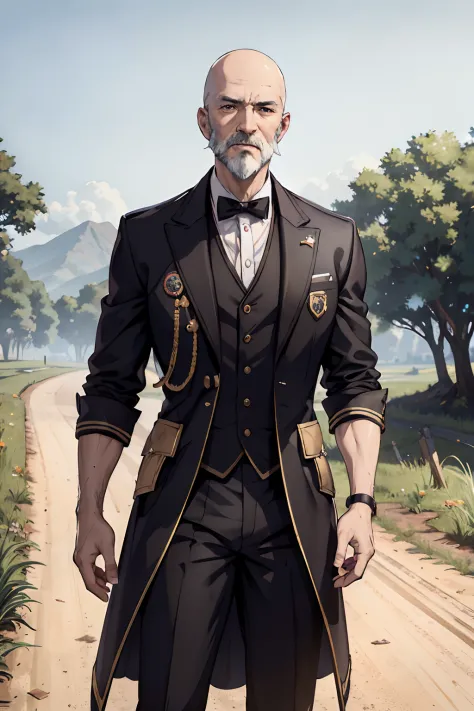 buttler uniform, adventurers unifom, blck white clothing, old adult, old man, 60 years old, bald, detailed eyes, brown eyes, whi...