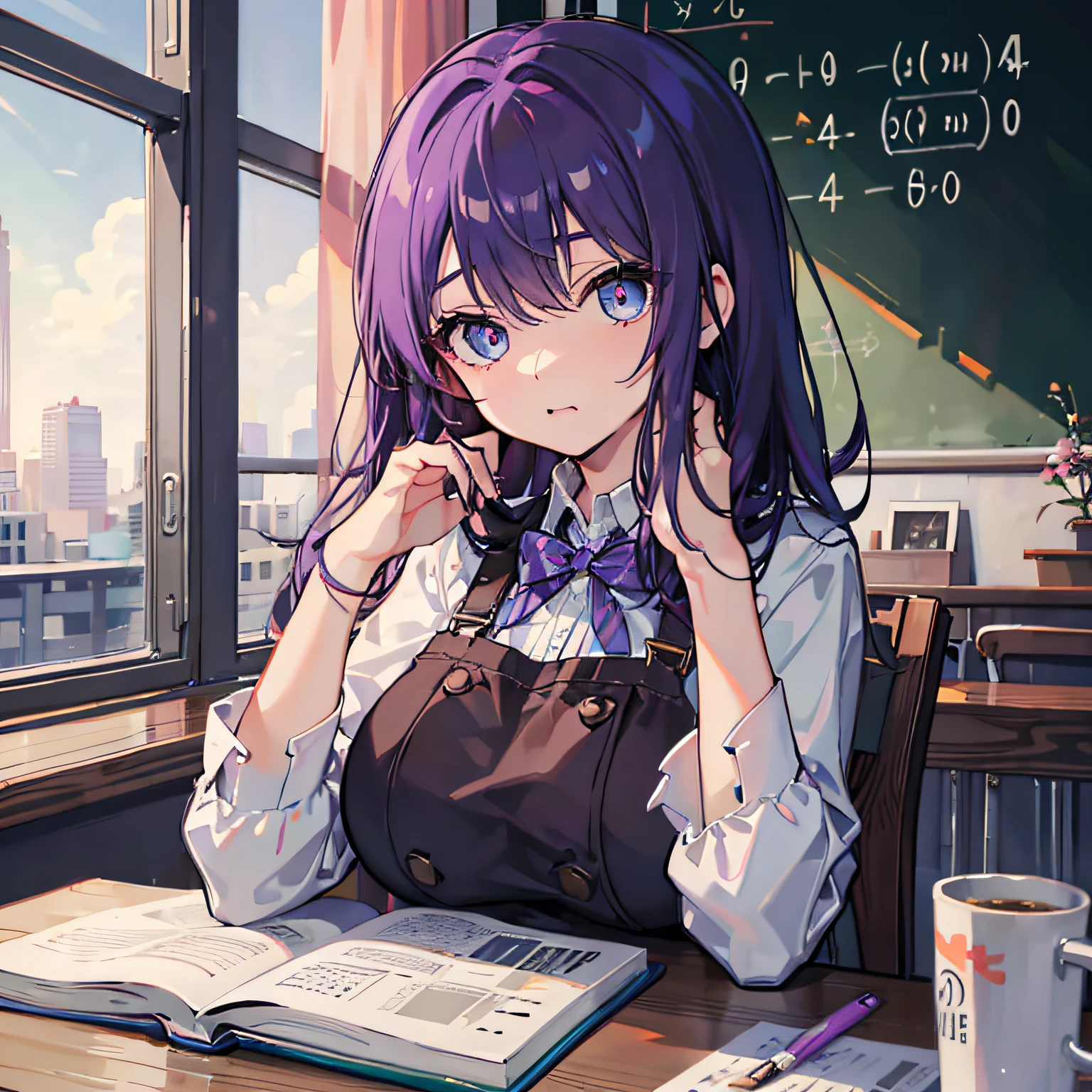 Anime girl sitting at a desk with a book and a cup of coffee - SeaArt AI